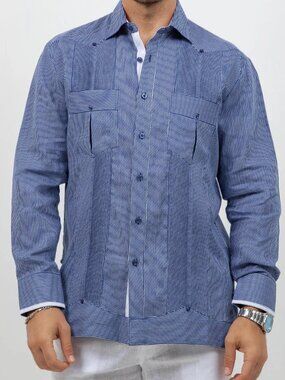 Mojito Collection Men's Navy 100% Linen Long Sleeve Guayabera Shirt M-2X